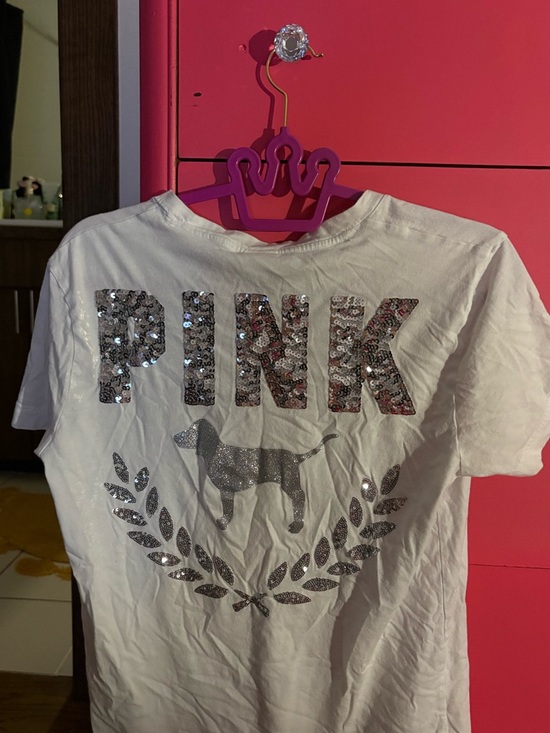 PINK Victoria's Secret Tops - PINK Victoria's Secret White Sequin Logo & Silver Glitter Dog Tee